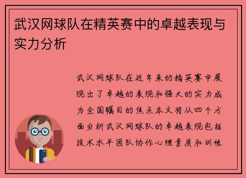 武汉网球队在精英赛中的卓越表现与实力分析